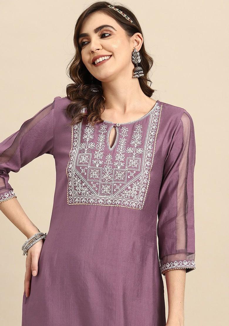 Mauve Embroidered Blended Kurta Set - Indya