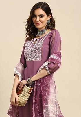 Lavender Embroidered Blended Kurta Set