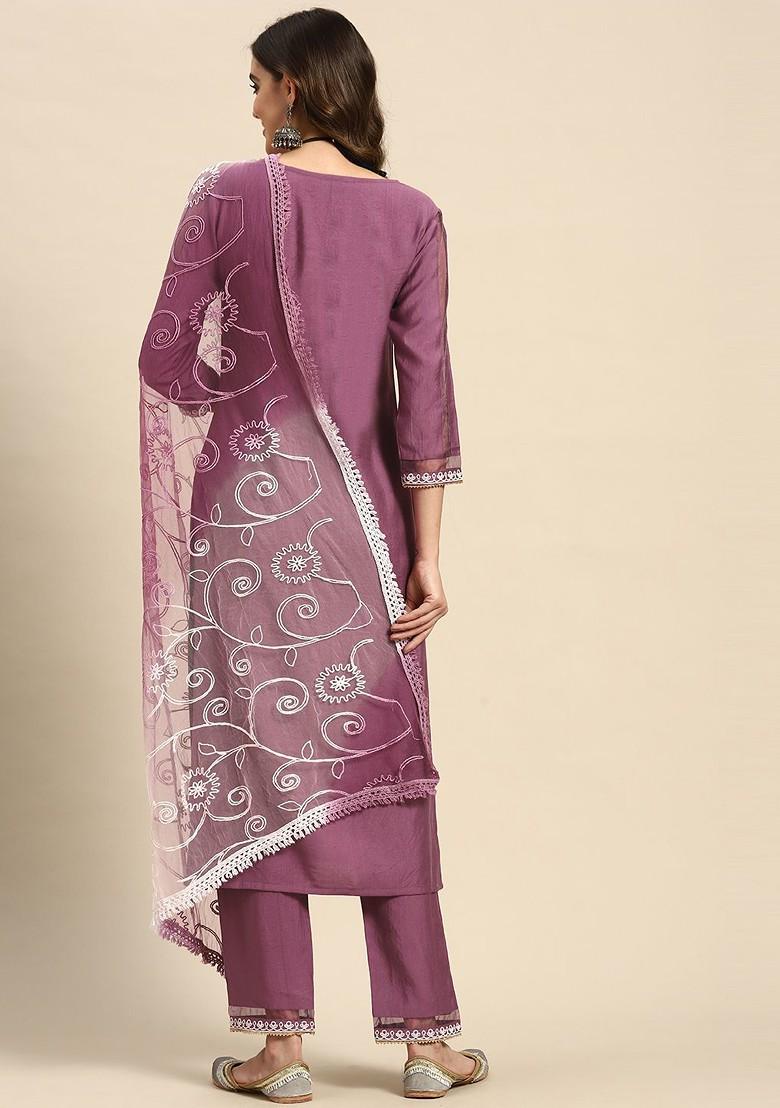 Lavender Embroidered Blended Kurta Set - Indya