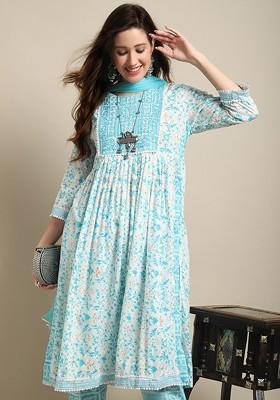 Turquoise Blue Printed Blended Kurta Set