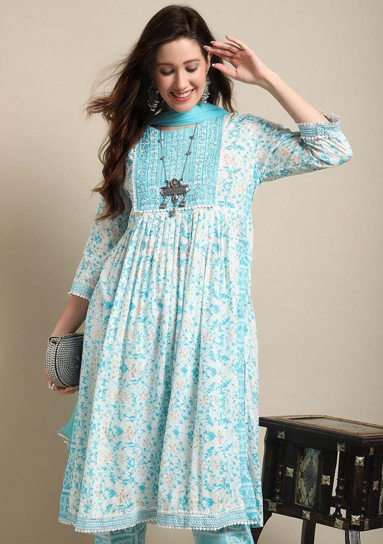 Turquoise Blue Printed Blended Kurta Set - Indya
