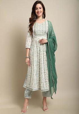 White Printed Blended Kurta Set