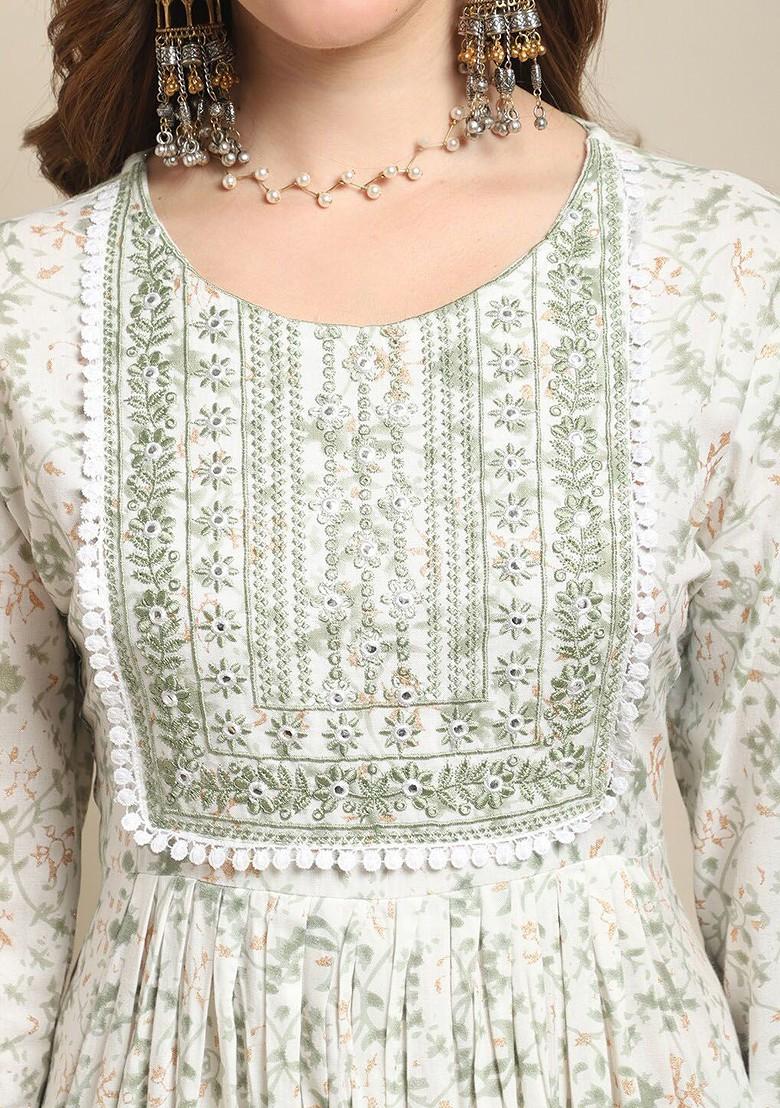 White Printed Blended Kurta Set - Indya