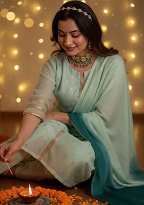 Green Woven Design Blended Kurta Set