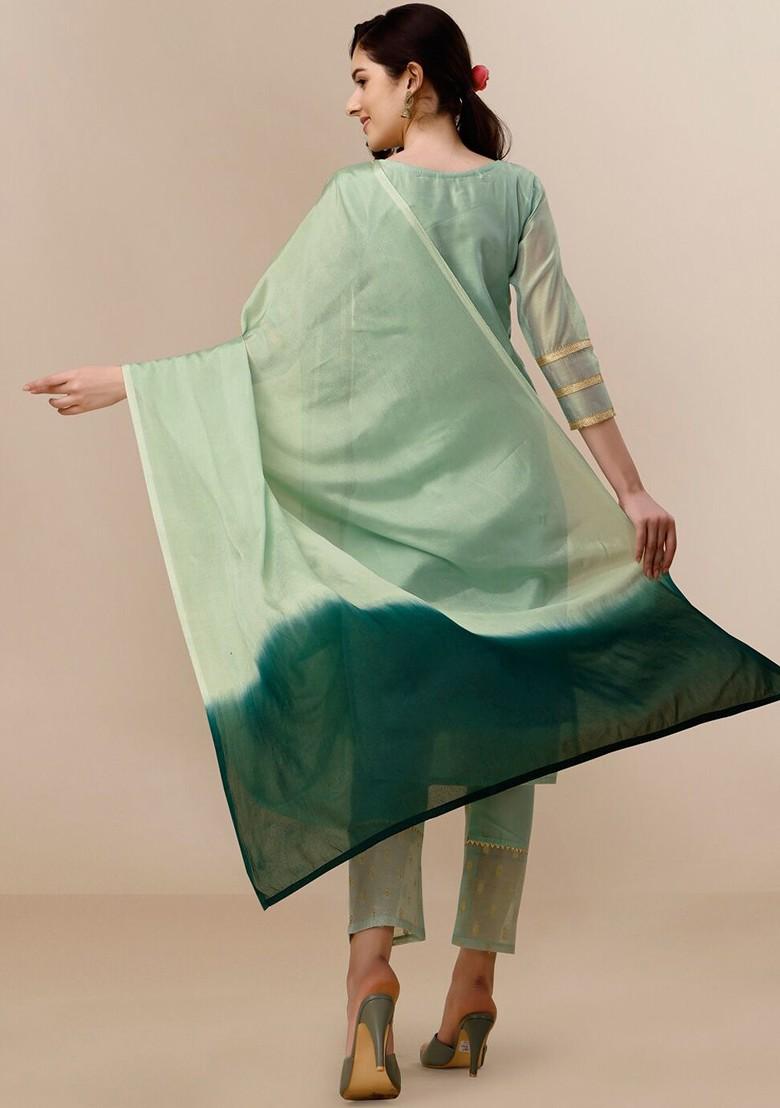 Green Woven Design Blended Kurta Set - Indya