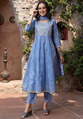 Blue Embroidered Blended Kurta Set