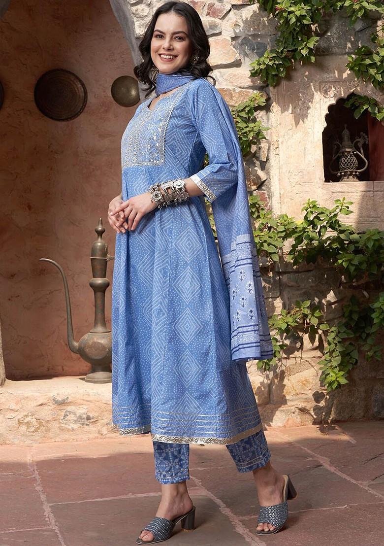 Blue Embroidered Blended Kurta Set - Indya