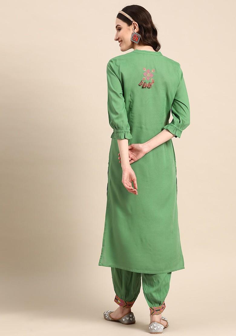 Green Thread Work Blended Kurta Set - Indya