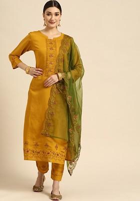 Mustard Embroidered Blended Kurta Set