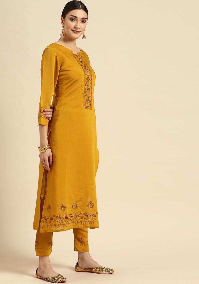 Mustard Embroidered Blended Kurta Set - Indya