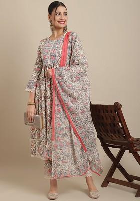 White Printed Blended Kurta Set