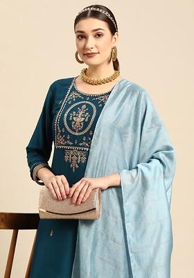 Teal Embroidered Blended Kurta Set