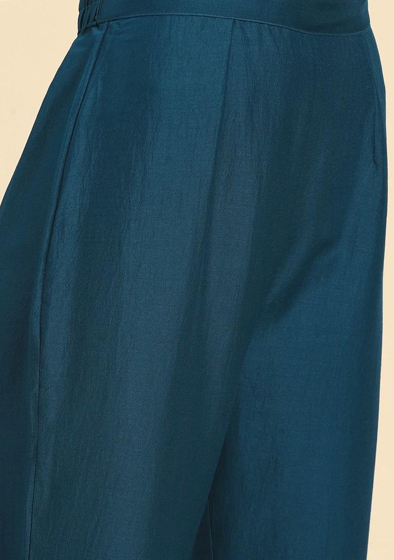 Teal Embroidered Blended Kurta Set - Indya