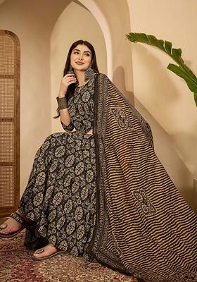 Black Printed Blended Kurta Set