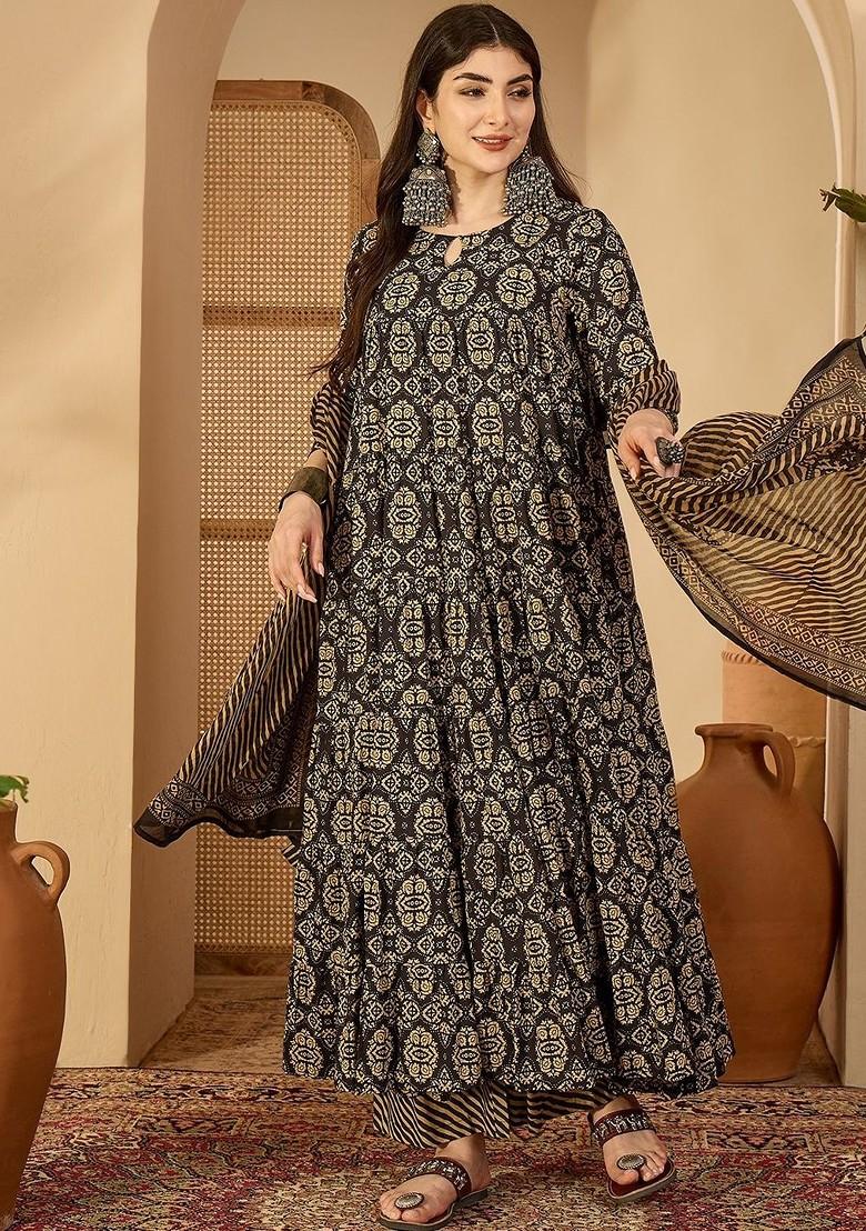 Black Printed Blended Kurta Set - Indya