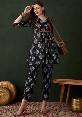 Black Printed Blended Kurta Set