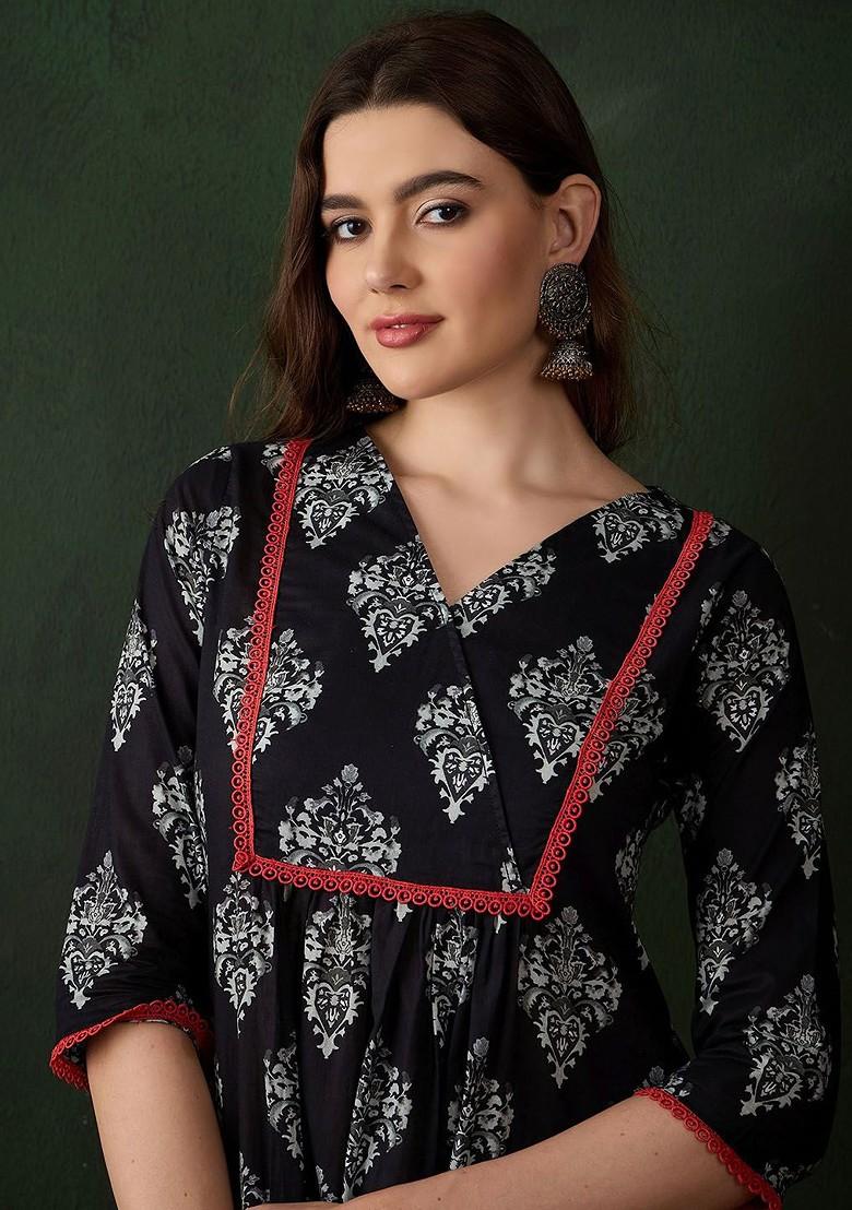 Black Printed Blended Kurta Set - Indya