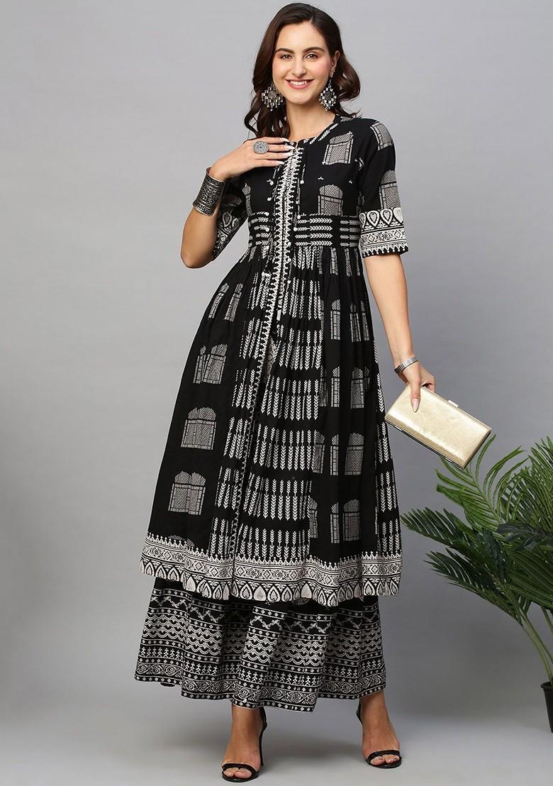Black Printed Blended Kurta Set - Indya