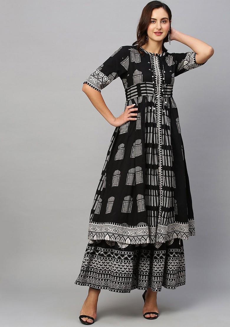 Black Printed Blended Kurta Set - Indya