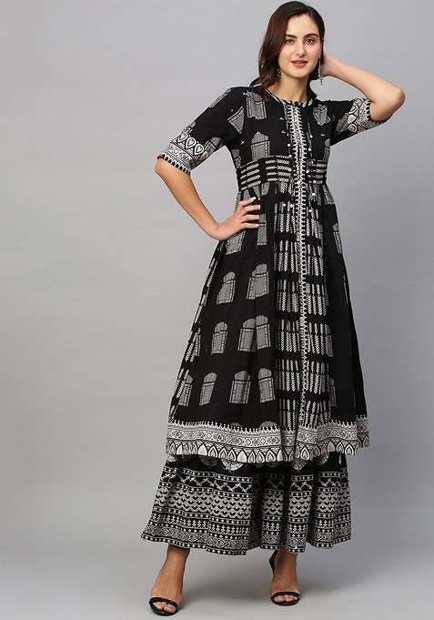 Black Printed Blended Kurta Set