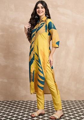 Mustard Printed Blended Kurta Set