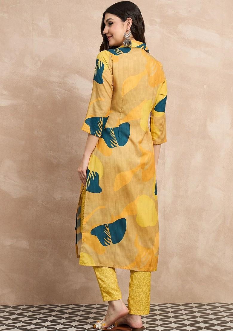 Mustard Printed Blended Kurta Set - Indya