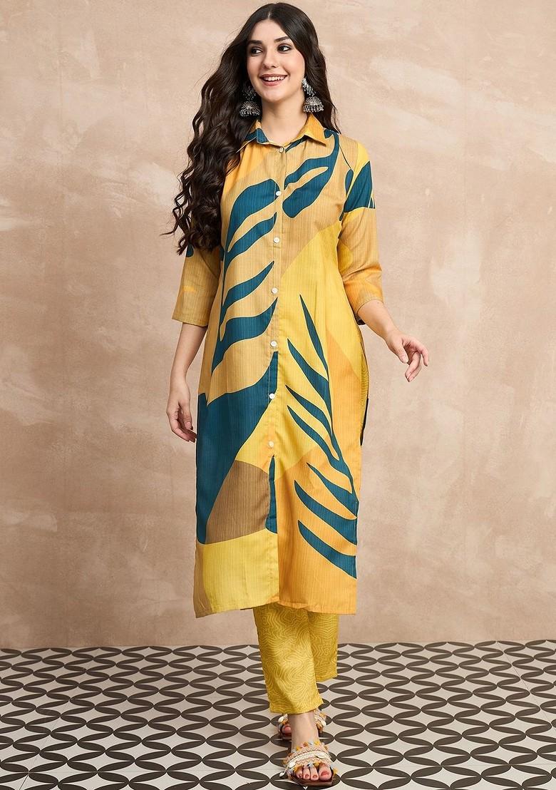 Mustard Printed Blended Kurta Set - Indya