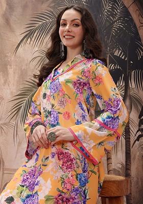 Orange Printed Blended Kurta Set