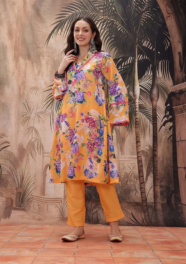 Orange Printed Blended Kurta Set - Indya