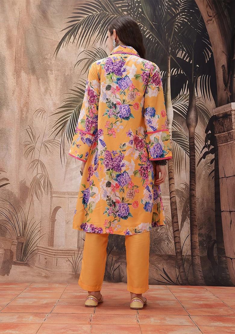 Orange Printed Blended Kurta Set - Indya