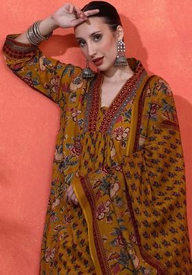 Mustard Embroidered Blended Kurta Set