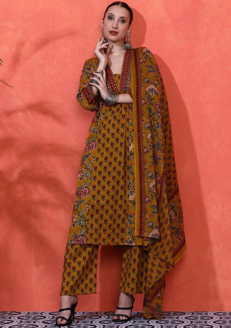 Mustard Embroidered Blended Kurta Set - Indya