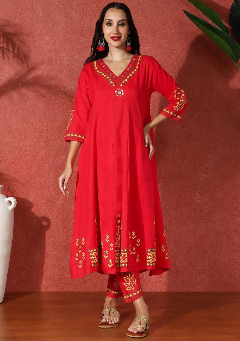 Red Embroidered Blended Kurta Set - Indya
