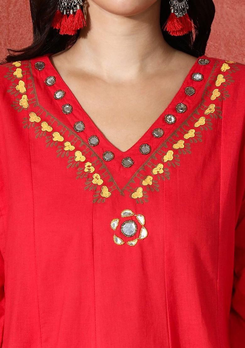 Red Embroidered Blended Kurta Set - Indya