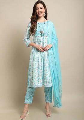 White Printed Blended Kurta Set