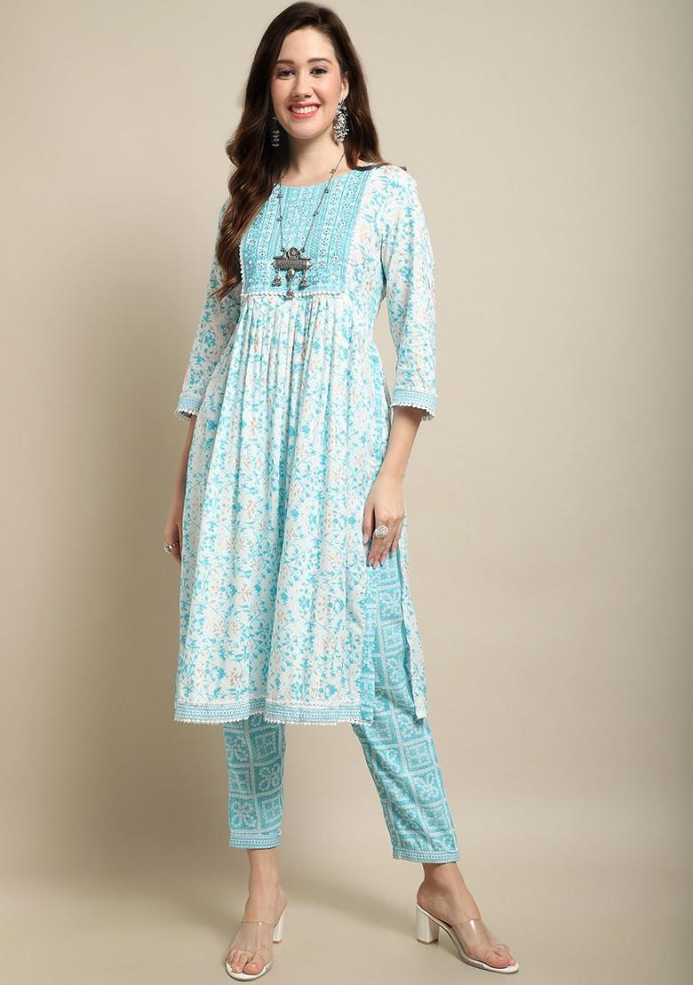 White Printed Blended Kurta Set - Indya