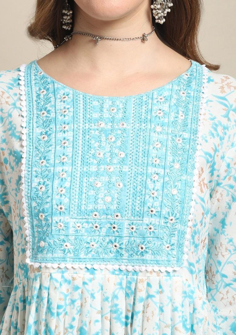 White Printed Blended Kurta Set - Indya