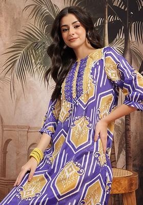 Purple Printed Blended Kurta Set