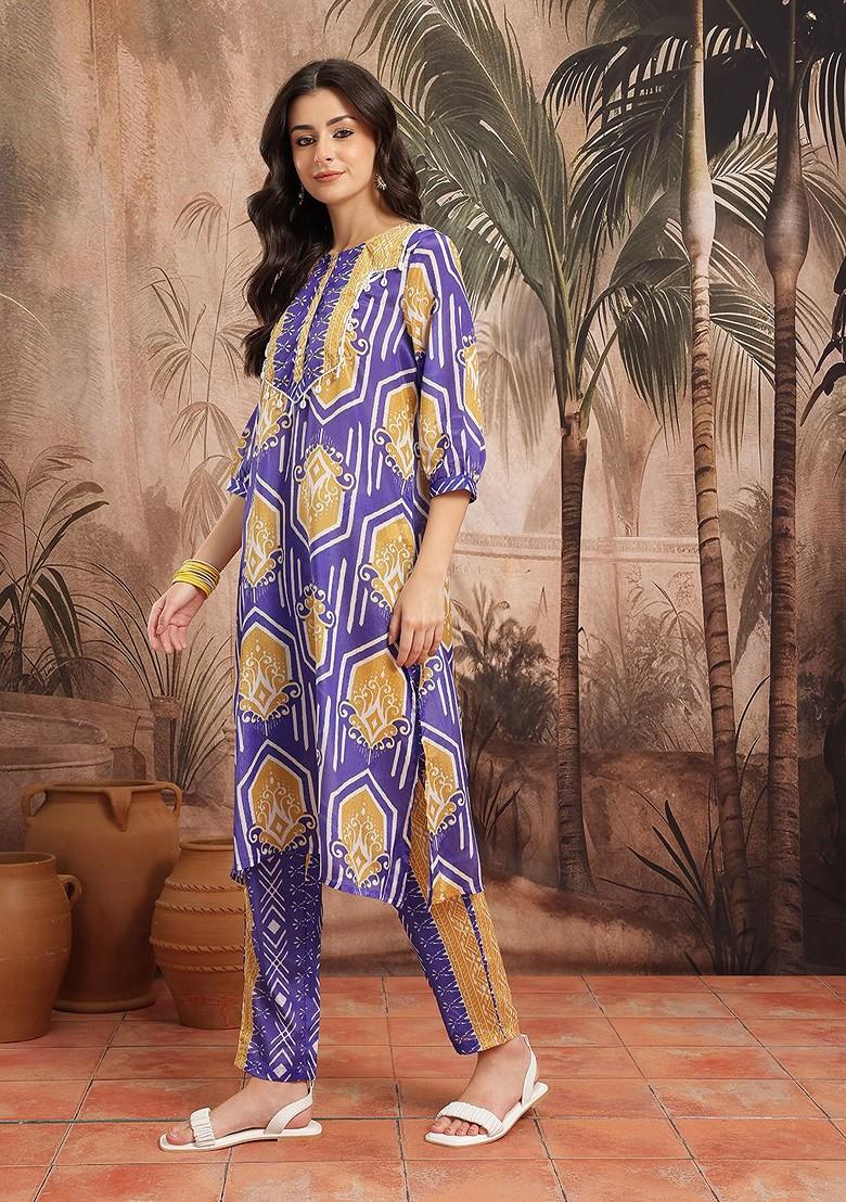Purple Printed Blended Kurta Set - Indya