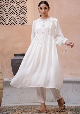 White Embroidered Blended Kurta Set