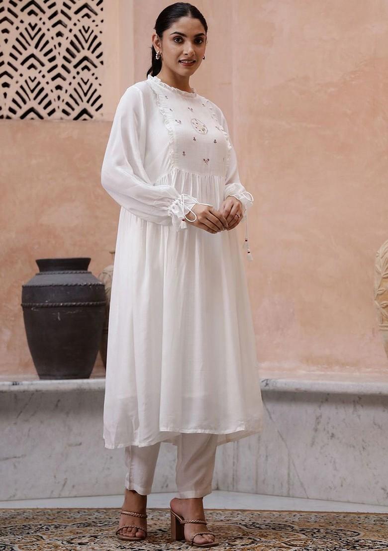 White Embroidered Blended Kurta Set - Indya