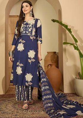Navy Blue Printed Blended Kurta Set