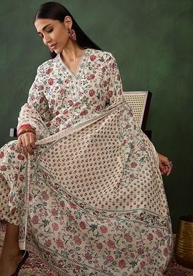 Cream Printed Blended Kurta Set