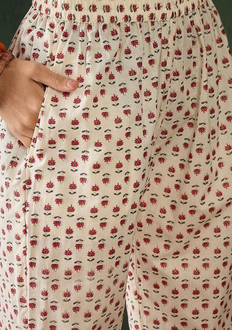 Cream Printed Blended Kurta Set - Indya