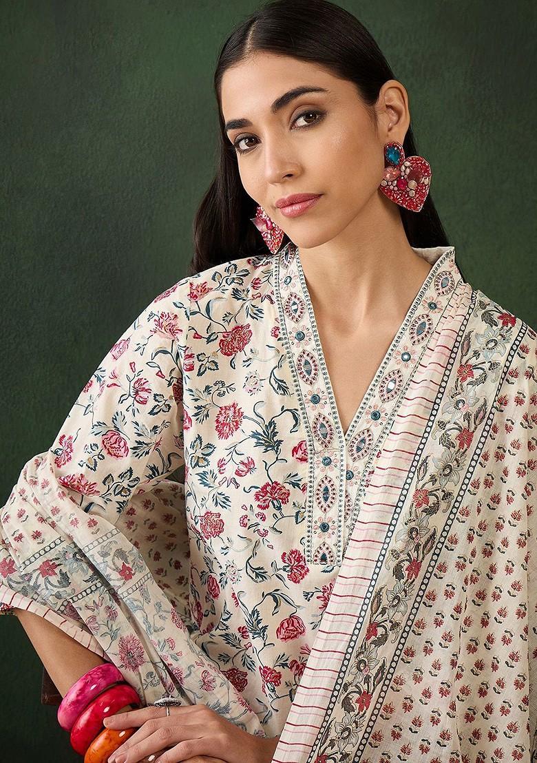 Cream Printed Blended Kurta Set - Indya
