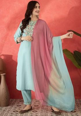Blue Embroidered Blended Kurta Set