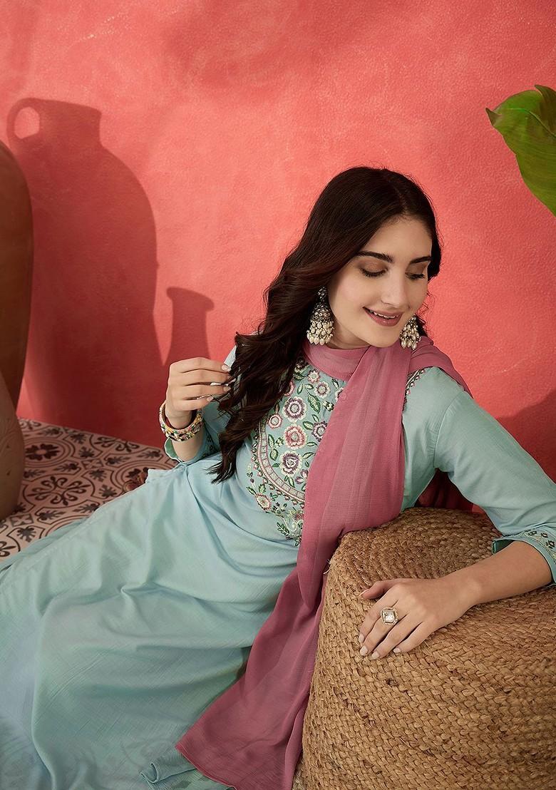 Blue Embroidered Blended Kurta Set - Indya