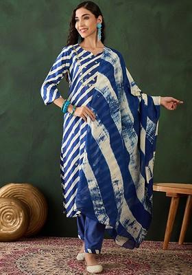 Navy Blue Embroidered Blended Kurta Set