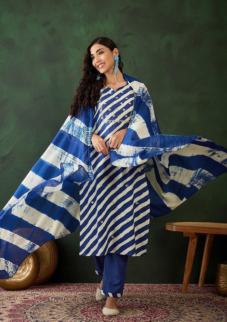 Navy Blue Embroidered Blended Kurta Set - Indya