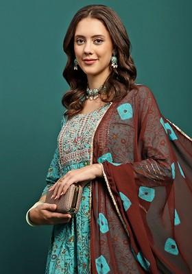 Turquoise Blue Embroidered Blended Kurta Set